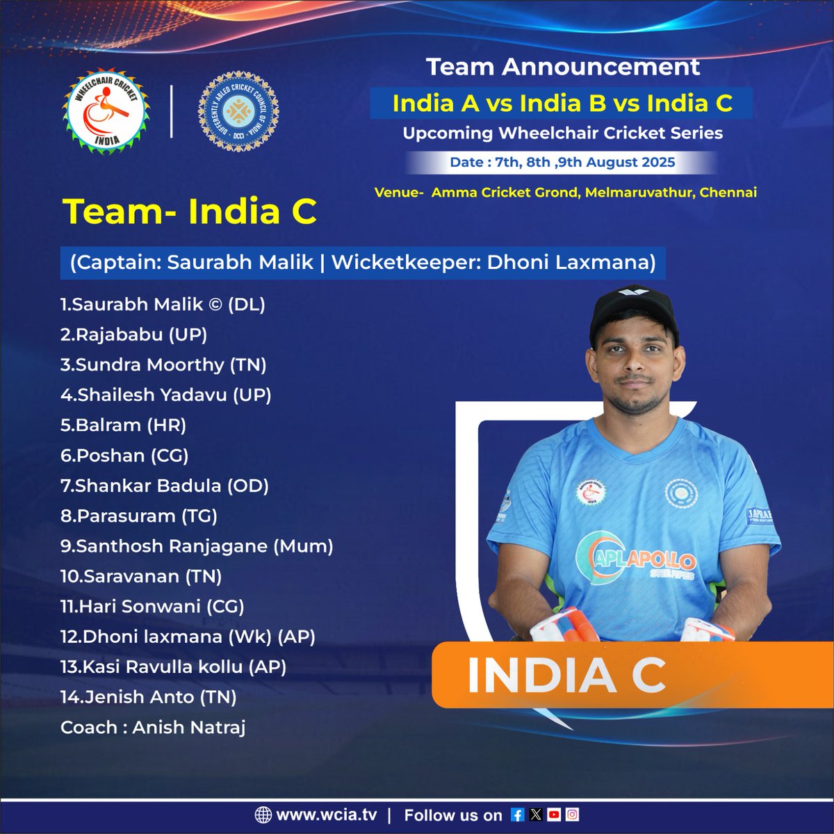 Wheelchair Cricket India Association (@wcia_official) on Twitter photo Presenting the squads for India A, B & C! Get ready for a high-octane Wheelchair Cricket Tri-Series on 7-9 Aug in Chennai !
Who’ll rule the pitch on wheels?
<a href="/JayShah/">Jay Shah</a> <a href="/sqnldrabhai/">Abhai</a> <a href="/imRaviKChauhan/">Ravi Kant Chauhan रविकांत चौहान</a> <a href="/dcciofficial/">Differently Abled Cricket Council of India</a> <a href="/Somjeet_Singh07/">Somjeet Singh</a>
#WheelchairCricket #TriSeries2025 #fanart Presenting the squads for India A, B & C! Get ready for a high-octane Wheelchair Cricket Tri-Series on 7-9 Aug in Chennai !
Who’ll rule the pitch on wheels?
<a href="/JayShah/">Jay Shah</a> <a href="/sqnldrabhai/">Abhai</a> <a href="/imRaviKChauhan/">Ravi Kant Chauhan रविकांत चौहान</a> <a href="/dcciofficial/">Differently Abled Cricket Council of India</a> <a href="/Somjeet_Singh07/">Somjeet Singh</a>
#WheelchairCricket #TriSeries2025 #fanart