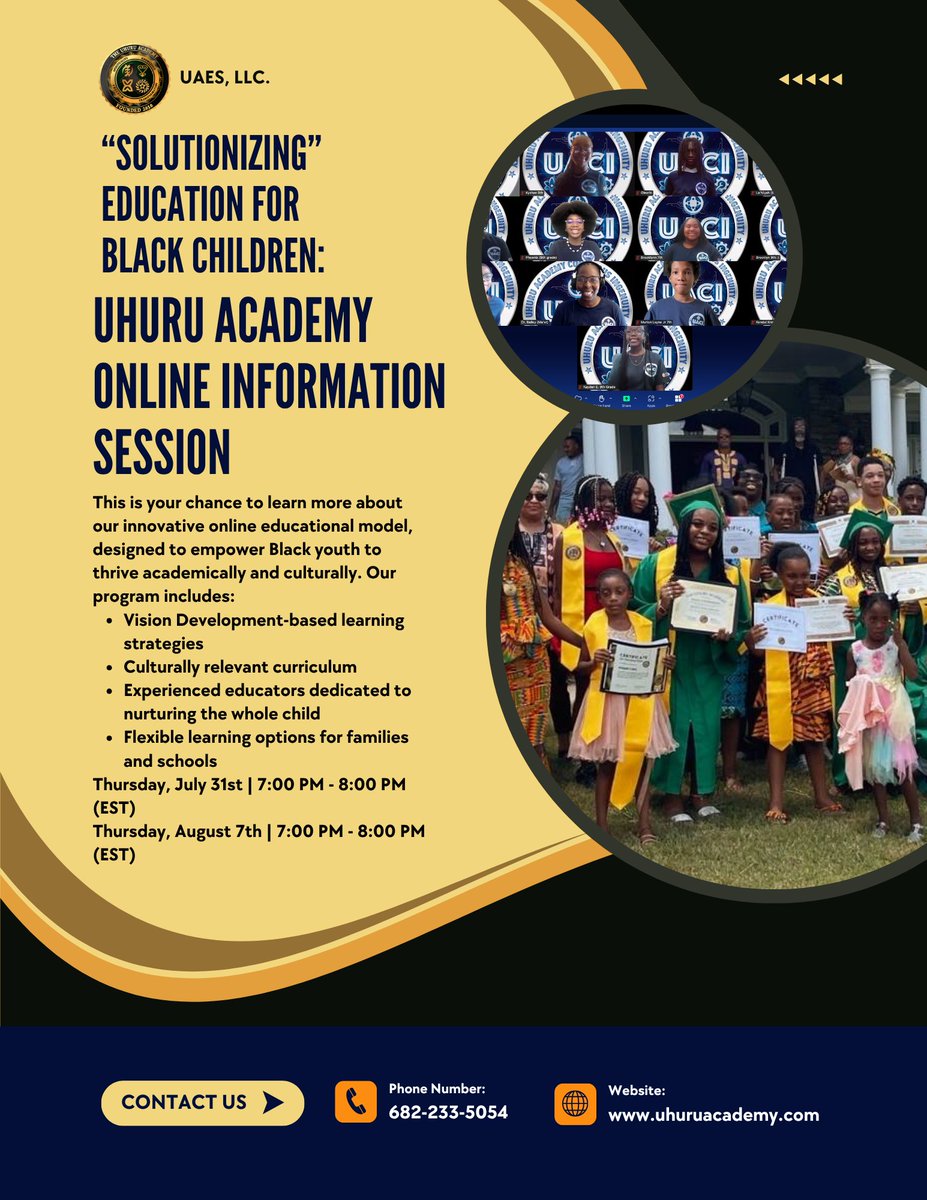 We’re hosting Uhuru Academy Online Information Sessions on Thursday, July 31st and Thursday, August 7th from 7 PM - 8 PM (EST).

Come learn about how our Afrikan-centered, Vision Development-based K-12 program is transforming education for Black youth. 📚✨