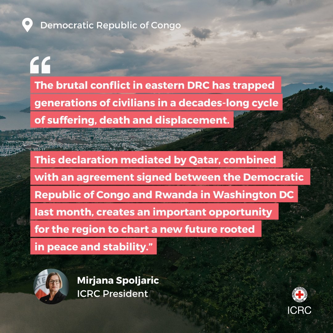 ICRC_Africa's tweet image. 📍 #DRCongo |
We stand ready to help facilitate the release of people detained in relation to the conflict under a declaration agreed between the Democratic Republic of the Congo (DRC) and the Congo River Alliance/M23 Movement (AFC/M23).
Read more ➡️ ms.spr.ly/6183sDR5f