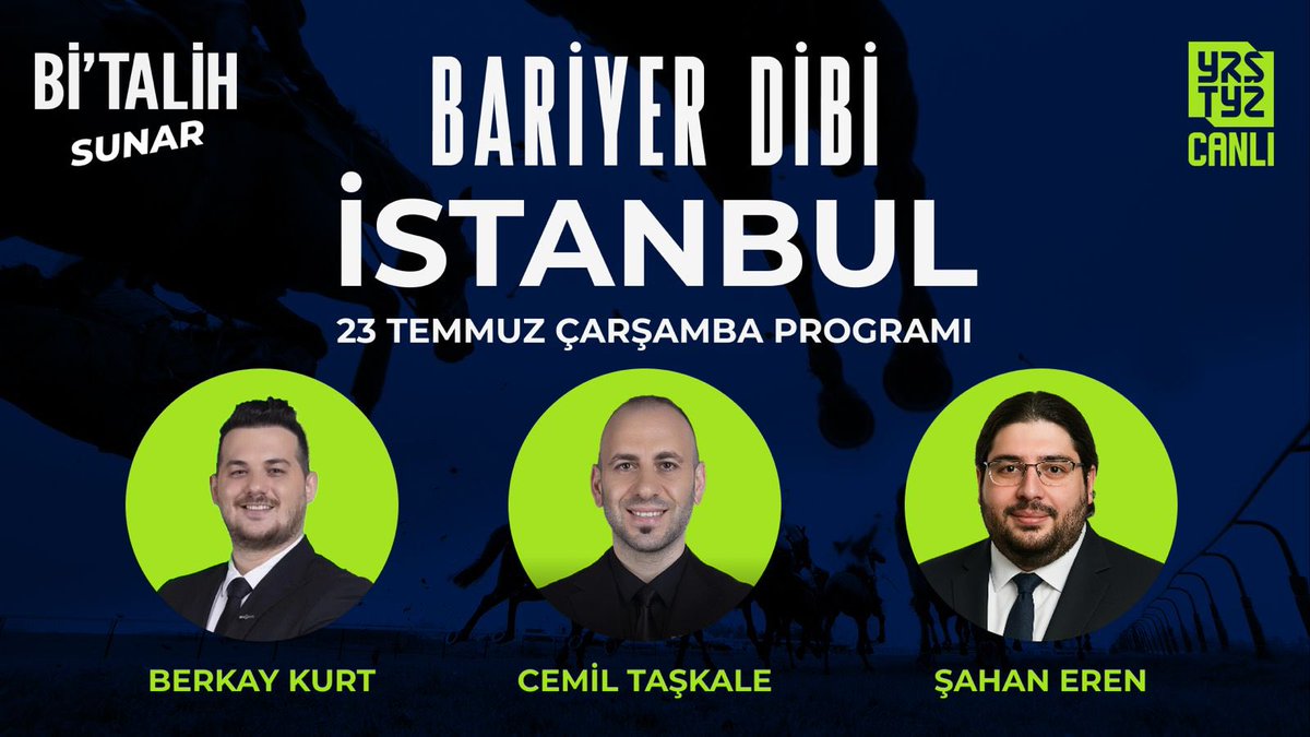 Yarıştayız (@yaristayiz) on Twitter photo 🎬 <a href="/geldibitalih/">Bitalih</a>'in sunduğu #BariyerDibi her gün deneyimli moderatörleri ve uzman yorumcularıyla #Yarıştayız kanalında!
🗣 Bu akşam 22.45'te <a href="/cemiltaskale/">Cemil Taşkale</a> moderatörlüğünde <a href="/BerkayKurt89/">Berkay Kurt</a> ve <a href="/Sahanerenat/">Şahan Eren Atalayın</a> "23 Temmuz Çarşamba" günü koşulacak İstanbul yarışını CANLI yayında 🎬 <a href="/geldibitalih/">Bitalih</a>'in sunduğu #BariyerDibi her gün deneyimli moderatörleri ve uzman yorumcularıyla #Yarıştayız kanalında!
🗣 Bu akşam 22.45'te <a href="/cemiltaskale/">Cemil Taşkale</a> moderatörlüğünde <a href="/BerkayKurt89/">Berkay Kurt</a> ve <a href="/Sahanerenat/">Şahan Eren Atalayın</a> "23 Temmuz Çarşamba" günü koşulacak İstanbul yarışını CANLI yayında