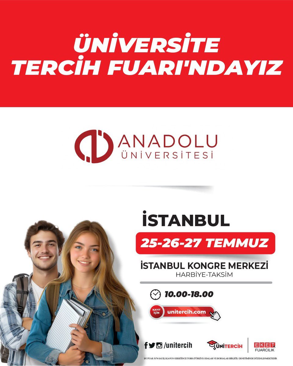 🎓 Tercih zamanı yaklaşıyor!
Anadolu Üniversitesi olarak 25-26-27 Temmuz tarihlerinde İstanbul Kongre Merkezi’nde gerçekleşecek Üniversite Tercih Fuarı’ndayız!

@unitercih 

#AnadoluÜniversitesi #Ünitercih #TercihFuarı #YKS2025
