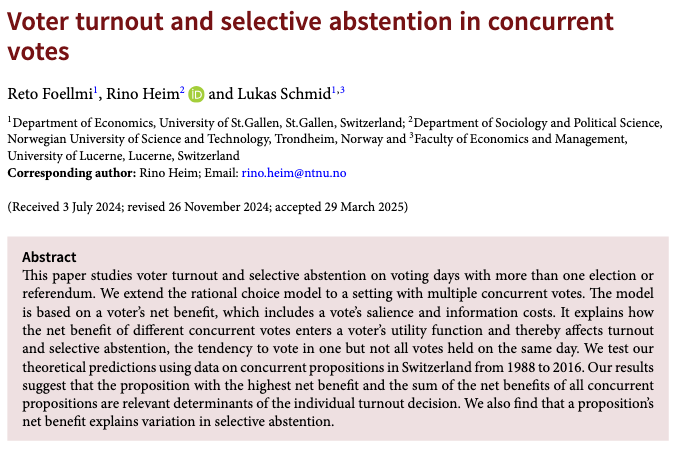 PSRMJournal's tweet image. 🗳️Multiple elections on the same day, but some voters skip certain votes. Why?
➡R Foellmi, R Heim & L Schmid show that voters weigh the salience and information costs of each vote, influencing turnout and selective abstention cambridge.org/core/journals/… #FirstView