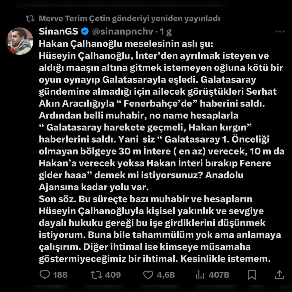 🚨 Dün Galatasaray efsanesi Fatih Terim’in kızı Merve Terim Çetin, Hakan Çalhanoğlu için “a… a…’na kadar yolu var” ifadesi geçen hakaret içerikli tweeti retweet yaptı..

hoşlarına gitmeyen bir şey duyduklarındaki en medeni halleri bu, Fener seni bekliyor.. #SeninleyizHakan