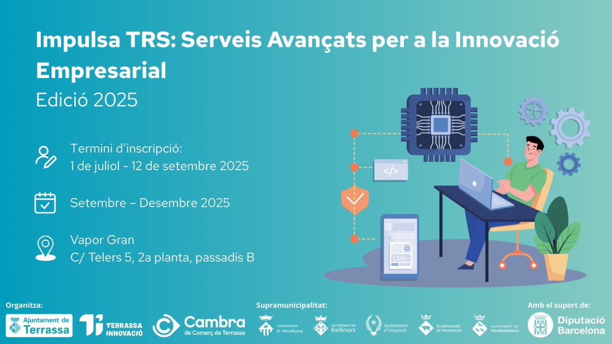 Terrassa Innovació (@trsinnovacio) on Twitter photo 🚀 Obert període d’inscripció per al programa #ImpulsaTRS!
30 pimes i microempreses de #Terrassa i rodalia milloraran la seva maduresa digital i innovació
2 fases amb tallers i assessorament individualitzat.
✏️ Inscripcions fins al 12/09 a terrassainnovacio.cat/impulsa-trs
<a href="/ajterrassa/">Ajuntament de Terrassa</a> 🚀 Obert període d’inscripció per al programa #ImpulsaTRS!
30 pimes i microempreses de #Terrassa i rodalia milloraran la seva maduresa digital i innovació
2 fases amb tallers i assessorament individualitzat.
✏️ Inscripcions fins al 12/09 a terrassainnovacio.cat/impulsa-trs
<a href="/ajterrassa/">Ajuntament de Terrassa</a>