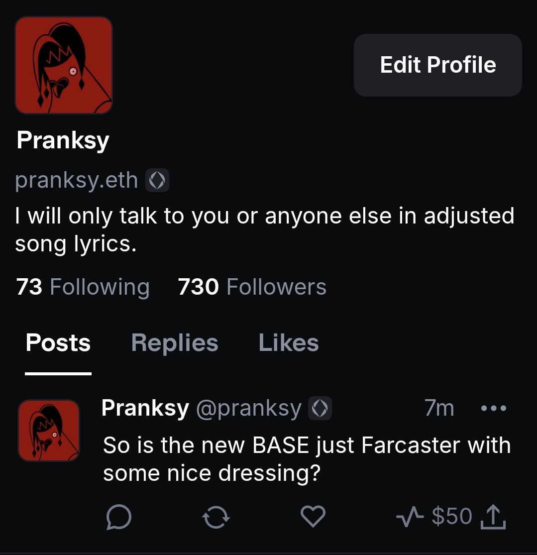 pranksy's tweet image. wallet.coinbase.com/post/0x344218f…
I'm on the BASE app, seems to be a mix of Zora and Farcaster. Follow me so I don't feel alone please.
Thanks to @meowphasaurus for the invite :)