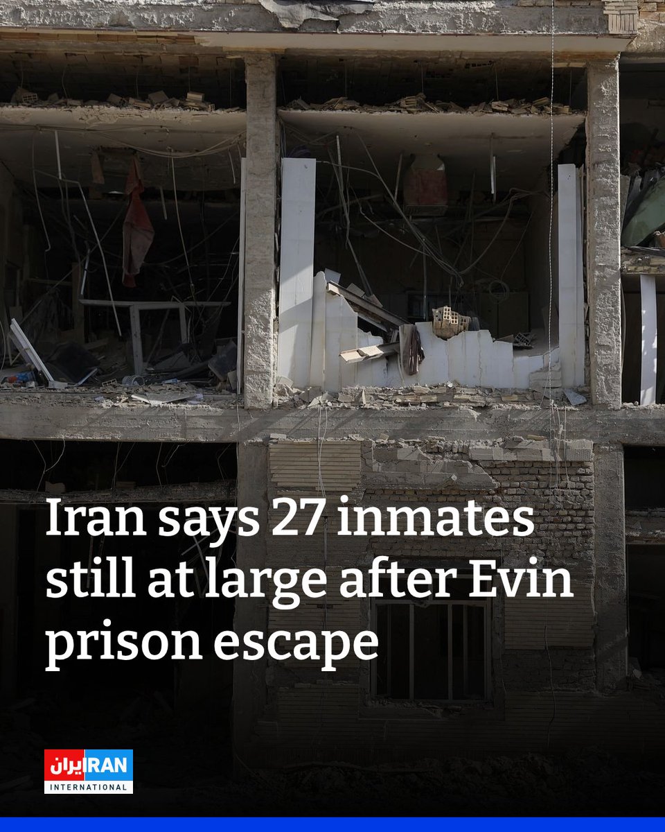 IranIntl_En's tweet image. Seventy-five inmates escaped during Israel's attack on Evin prison in Tehran last month, and 27 remain at large, Iran’s judiciary said on Tuesday, according to state media.
Judiciary Spokesman Asghar Jahangir said most of the escapees were held on minor charges and under light…
