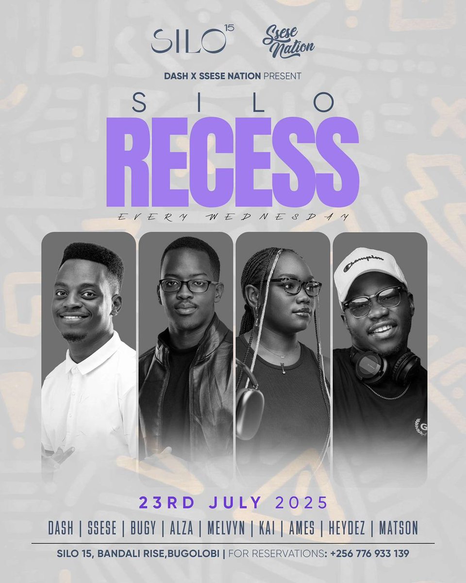 SseseNation's tweet image. Elevate your Wednesday evening at the Silo Recess happening tomorrow at @Silo15_, Bugolobi ๐น
Experience an exclusive Dash x Ssese Nation night with @DJ_DashUG, @DJ_Ssese, @deejaybugy, @deejay_alza, @melvyndeejay, @__DJKai, @dj_ames_, @DJHeydez256 & @Deejaymatson256. Let's party