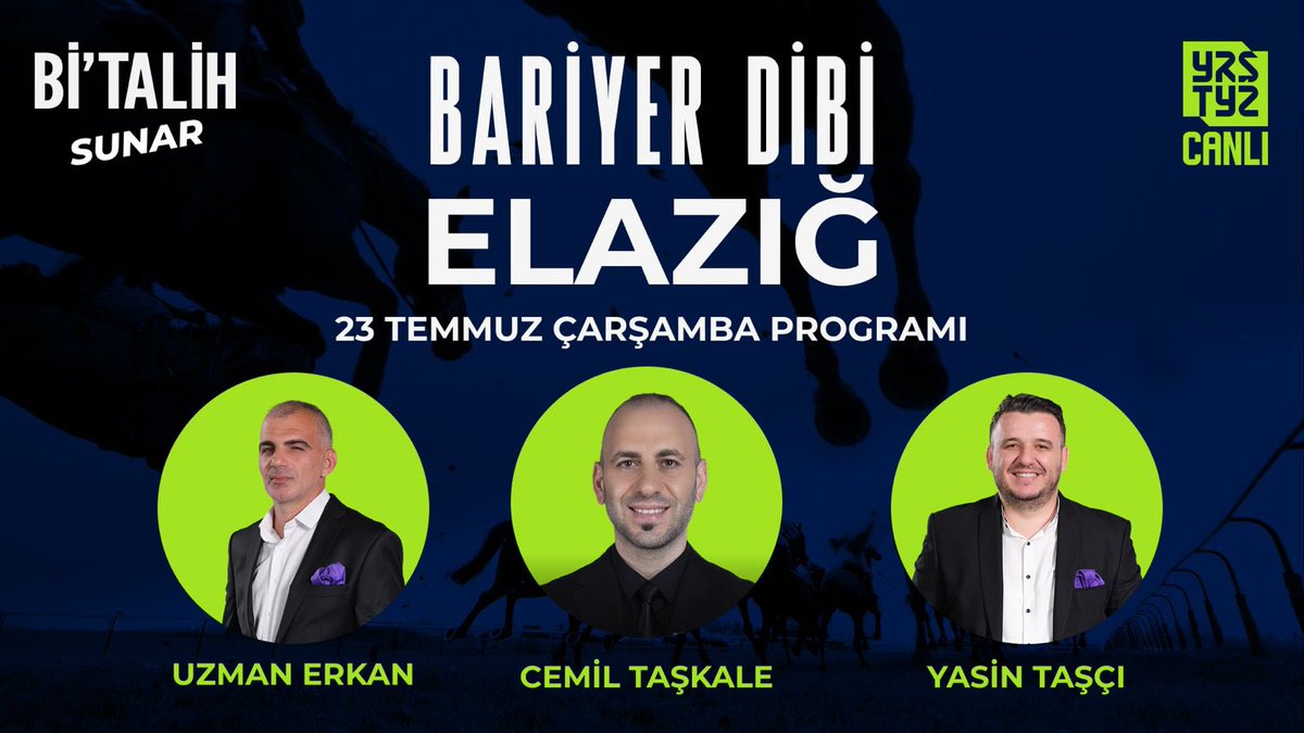 Yarıştayız (@yaristayiz) on Twitter photo 🎬 <a href="/geldibitalih/">Bitalih</a>'in sunduğu #BariyerDibi her gün deneyimli moderatörleri ve uzman yorumcularıyla #Yarıştayız kanalında!
🗣 Bu akşam 21.30'da <a href="/cemiltaskale/">Cemil Taşkale</a> moderatörlüğünde <a href="/yasintasci3535/">Yasin Taşçı</a> ve <a href="/uzman_erkan/">Uzman Erkan</a> "23 Temmuz Çarşamba" günü koşulacak Elazığ yarışını CANLI yayında 🎬 <a href="/geldibitalih/">Bitalih</a>'in sunduğu #BariyerDibi her gün deneyimli moderatörleri ve uzman yorumcularıyla #Yarıştayız kanalında!
🗣 Bu akşam 21.30'da <a href="/cemiltaskale/">Cemil Taşkale</a> moderatörlüğünde <a href="/yasintasci3535/">Yasin Taşçı</a> ve <a href="/uzman_erkan/">Uzman Erkan</a> "23 Temmuz Çarşamba" günü koşulacak Elazığ yarışını CANLI yayında