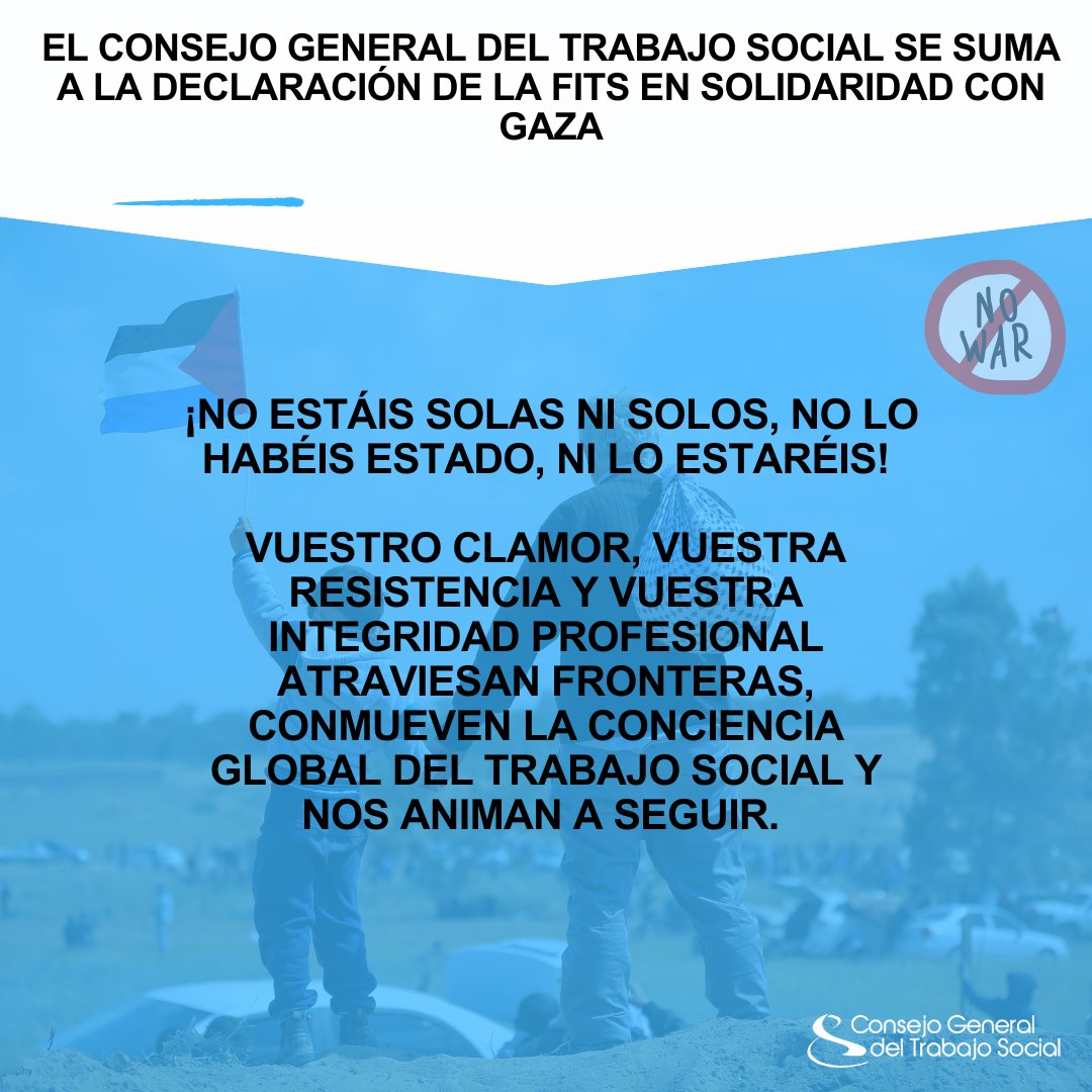 CGTrabajoSocial (@cgtrabajosocial) on Twitter photo 🔴 Desde el <a href="/cgtrabajosocial/">CGTrabajoSocial</a> expresamos nuestra solidaridad con el pueblo palestino y con el Trabajo Social en Gaza.
📢 Alzamos la voz por la paz, los derechos humanos y la vida digna.
📰 cgtrabajosocial.es/noticias/la-fi…
#TrabajoSocial #Palestina 🔴 Desde el <a href="/cgtrabajosocial/">CGTrabajoSocial</a> expresamos nuestra solidaridad con el pueblo palestino y con el Trabajo Social en Gaza.
📢 Alzamos la voz por la paz, los derechos humanos y la vida digna.
📰 cgtrabajosocial.es/noticias/la-fi…
#TrabajoSocial #Palestina