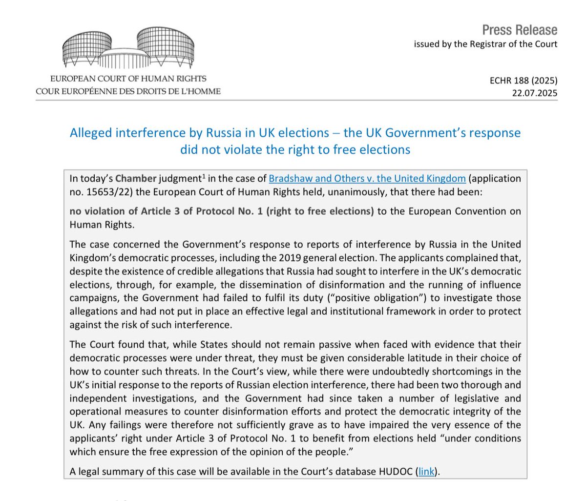 Liz Webster (@lizwebstersbf) on Twitter photo 🧵 The ECHR just ruled that the UK government’s failure to investigate Russian interference in our elections did not breach our human rights.
And here’s why that should alarm every democrat. 👇
<a href="/carolecadwalla/">Carole Cadwalladr</a> 🧵 The ECHR just ruled that the UK government’s failure to investigate Russian interference in our elections did not breach our human rights.
And here’s why that should alarm every democrat. 👇
<a href="/carolecadwalla/">Carole Cadwalladr</a>