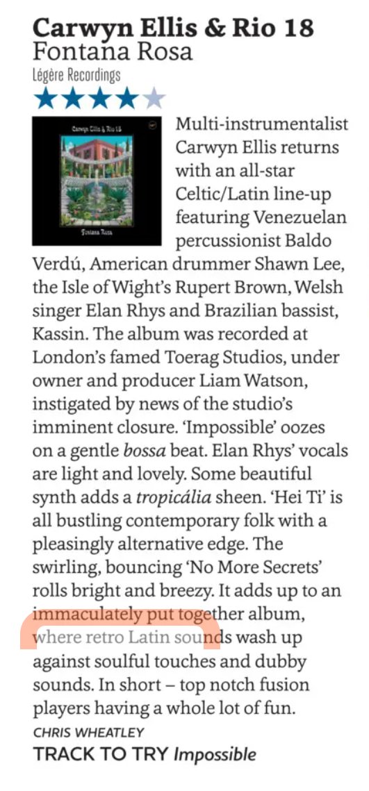 "An immaculately put together album, where retro Latin sounds wash up against soulful touches and dubby sounds! ⭐⭐⭐⭐" - thanks <a href="/SonglinesMag/">Songlines Magazine</a> for the superb review of <a href="/colorama_sound/">Carwyn Ellis & Rio 18</a> aka Rio 18's new album 'Fontana Rosa' out now on <a href="/LoungeRecGroup/">LegereRecordings</a>!