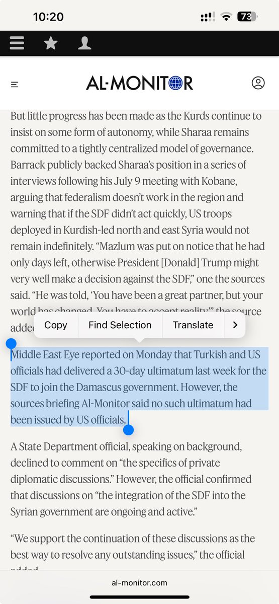 amberinzaman's tweet image. The United States did NOT issue a 30 day ultimatum to the SDF to join the Damascus government. Whether Turkey did as @MiddleEastEye reported, I do not know. ⬇️