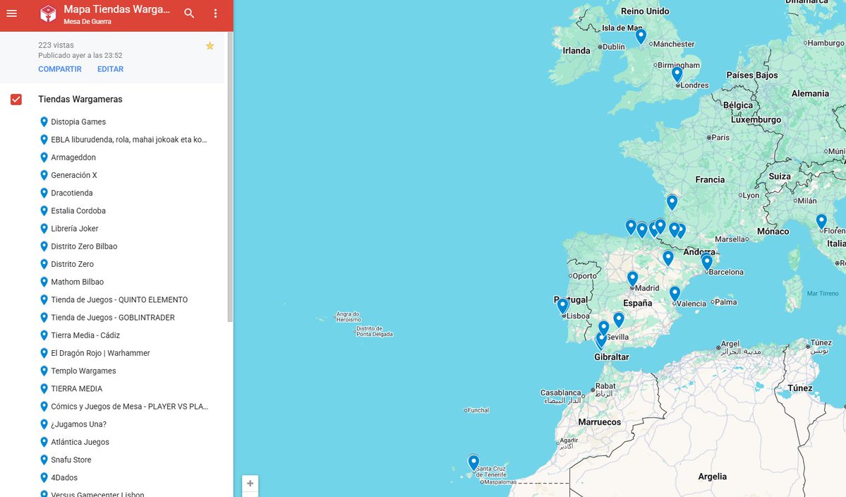 Buenos días, estamos creando un mapa de tiendas que venden wargames a modo de consulta

Ya hay bastantes, pero seguro que conocéis muchas otras. Si conocéis alguna en vuestras ciudades o de alguna escapada, dejarnos sus datos para añadirla. Gracias!

mesadeguerra.com/tiendas-wargam…