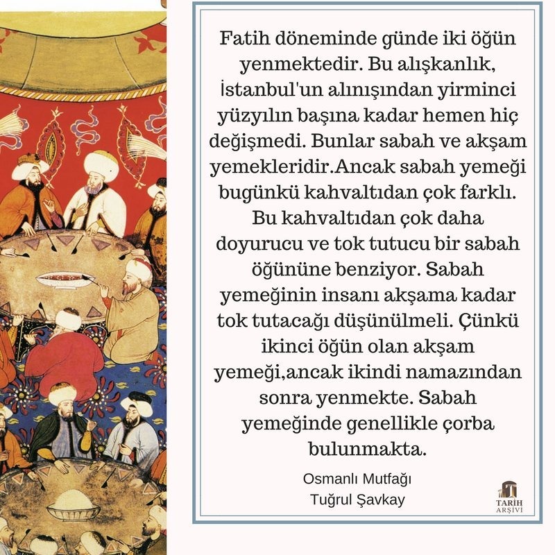 Günde kaç öğün yemek yiyorsunuz?

Fatih döneminde günde iki öğün yenmektedir. Bu alışkanlık, İstanbul'un alınışından yirminci yüzyılın başına kadar hemen hiç değişmedi.