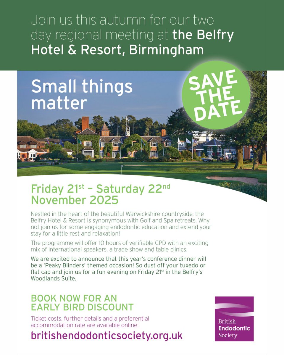 BESteethforlife's tweet image. Small things matter! | Save the date for the Regional Meeting: 21st & 22nd November
More info can be found here: britishendodonticsociety.org.uk/events/28/regi…
#BES #RegionalMeeting #SmallThingsMatter #Endodontics #DentalEvent