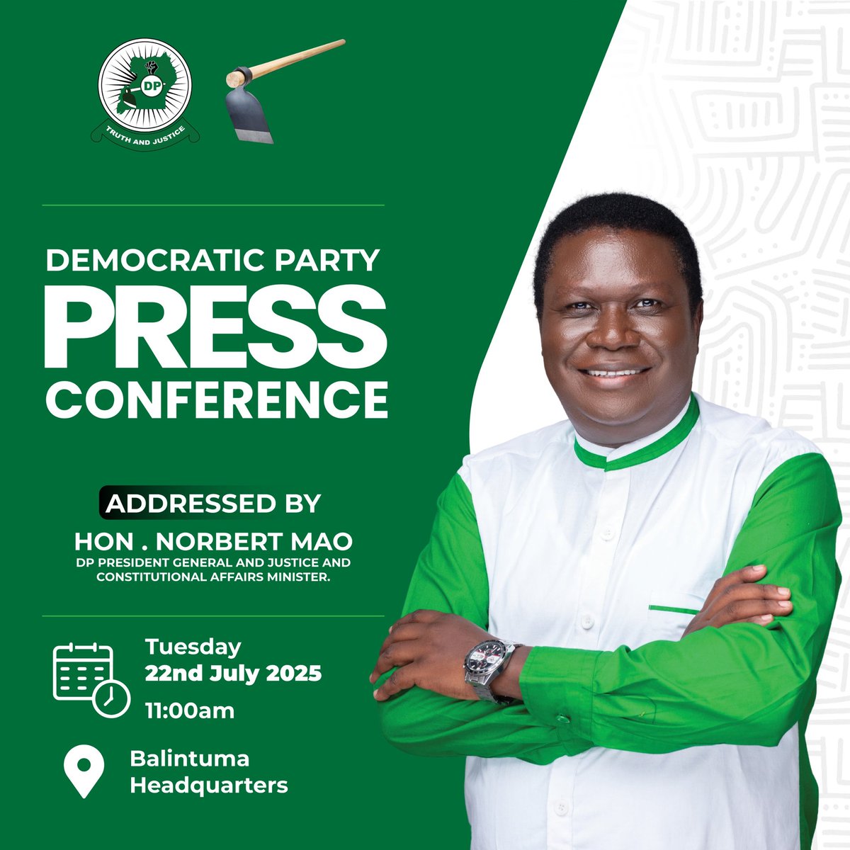 REMINDER NOTICE!

Hon. Norbert Mao, DP President General &amp; Minister of Justice, is already at Balintuma Road, DP HQ for the Press Conference happening today, Tues 22nd July 2025.

Members of the Press, Party &amp; Public, kindly keep time!
<a href="/sirandagerald1/">SirandaGeraldBlacks</a>