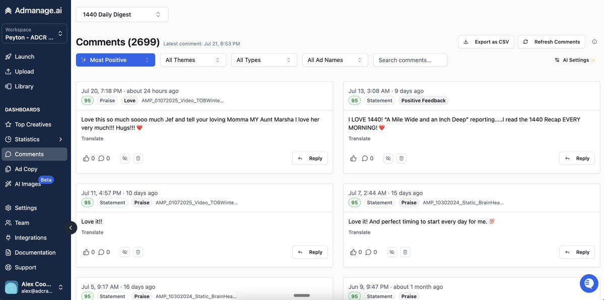 alexgoughcooper's tweet image. In April, we built a Gumloop workflow that scrapes ad comments across your account.
I thought about selling it, but it was too finicky and I assumed someone already had a tool that did this. But it turns out there are very few.
We use AdManage(dot)ai and our team have been very…
