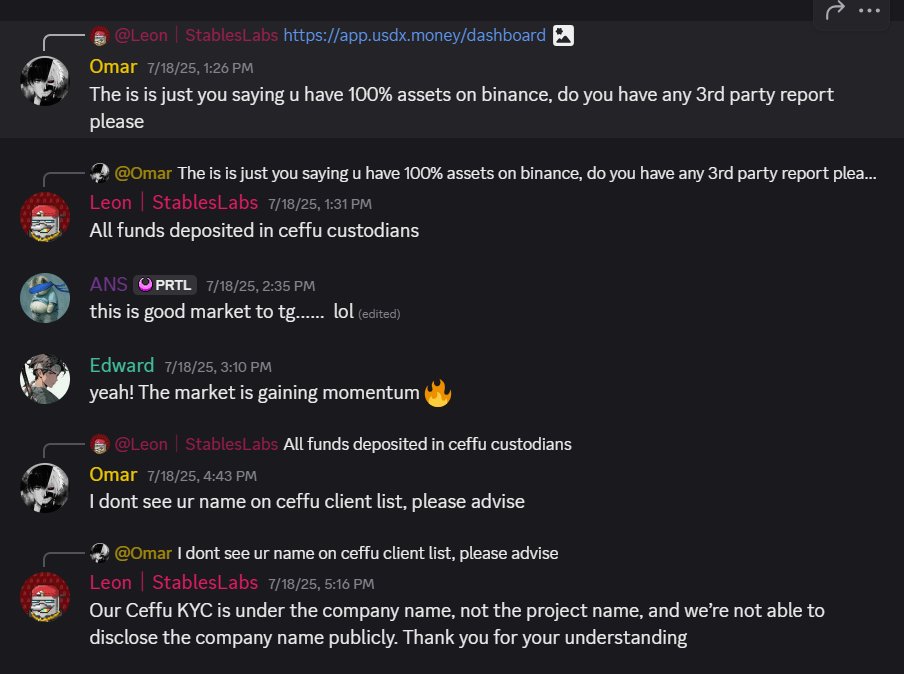 SerenityFund's tweet image. Just realised that @StablesLabs was founded by Babel Finance.
Despite $600m in size, there's no attestation.
In discord, team replied that all funds are in Ceffu custodian, but they cannot disclose the entity name.