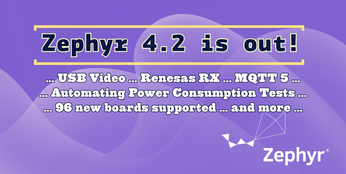 ZephyrIoT's tweet image. Zephyr 4.2 is out! 🎉
✨USB Video Class (UVC)
✨Renesas RX support
✨MQTT 5.0
✨Twister power harness
✨96 boards incl. RISC-V
✨SDK 0.17.2 and many more updates.Check out the blog by our developer advocate, Benjamin Cabé (@kartben) to learn more details:
hubs.la/Q03y9Ytn0
