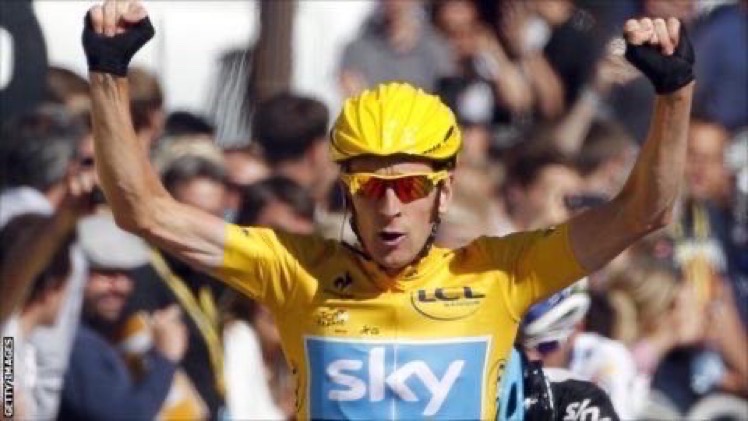 FXMC1957's tweet image. 22 July 2012. Bradley Wiggins (aged 32) became the 1st British cylist to win the Tour de France. He finished with a winning margin of 3 minutes and 21 seconds after ending Sunday's race around the streets of Paris in the peloton.
