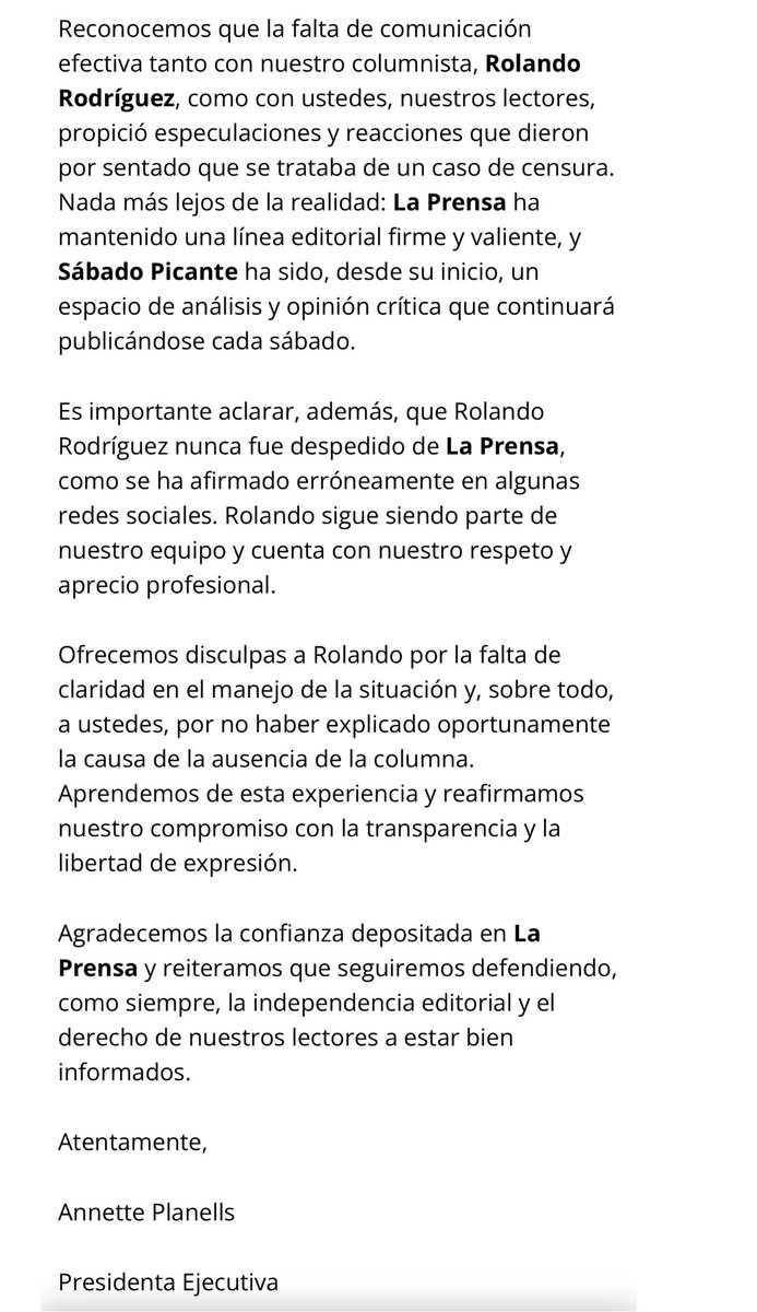 Diario La Prensa publica la Columna sábado picante del Periodista Rolando Rodríguez y una Carta a sus lectores sobre la publicación de Sábado Picante.