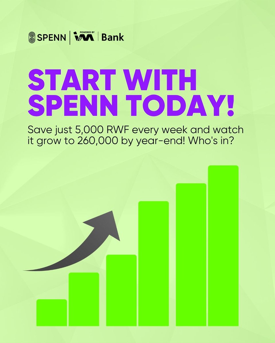 💰 Small Steps, Big Savings!
Start saving just 5,000 RWF every week with SPENN and grow it to 260,000 RWF by year-end. It's simple, smart, and secure.

📈 Let your money work for you—who’s in?

#SaveWithSPENN #SmartSavings #FinancialGoals #SPENN #DigitalBanking #Rwanda
