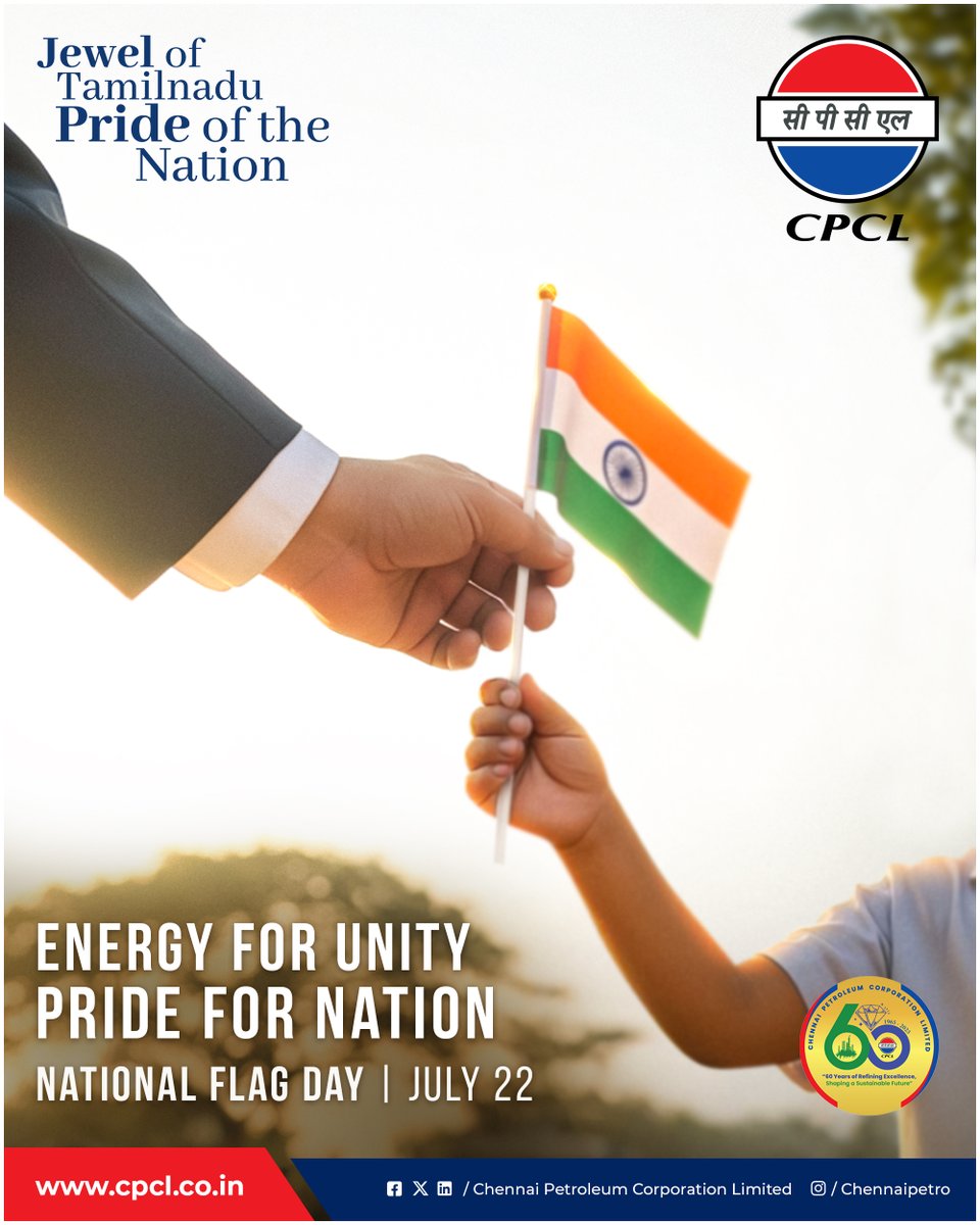 On this National Flag Day, we salute the spirit of unity and pride that the tricolour represents. CPCL is proud to fuel the nation’s progress with energy and purpose.

#NationalFlagDay #CPCL #PrideForNation #EnergyForUnity #ChennaiPetroleum