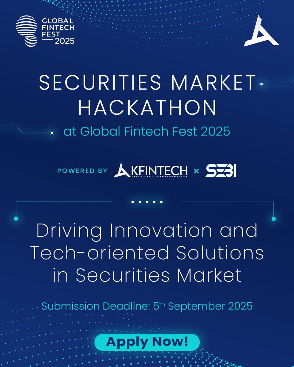 Time to shape what's next in the securities market!

KFintech, in partnership with SEBI, BSE, CDSL, and NSDL, is powering a national hackathon at the Global Fintech Fest 2025, focused on driving innovation and technology-led solutions. Themed "Driving Innovation and Tech-Oriented