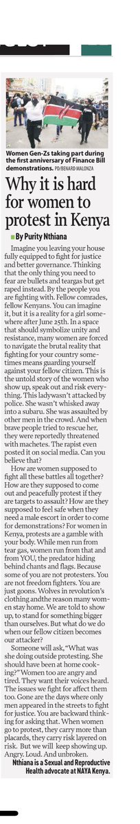 Miss Stanley (@kajuju_nthiana) on Twitter photo “When women go to protest, they carry more than placards, they carry risk layered on risk. A man might face tear gas, rubber bullets or arrest. But a woman faces all that AND the threat of being touched, grabbed, stripped, raped and then blamed for it! <a href="/PeopleDailyKe/">PEOPLE DAILY</a>
<a href="/NAYAKenya/">NAYA Kenya</a> “When women go to protest, they carry more than placards, they carry risk layered on risk. A man might face tear gas, rubber bullets or arrest. But a woman faces all that AND the threat of being touched, grabbed, stripped, raped and then blamed for it! <a href="/PeopleDailyKe/">PEOPLE DAILY</a>
<a href="/NAYAKenya/">NAYA Kenya</a>