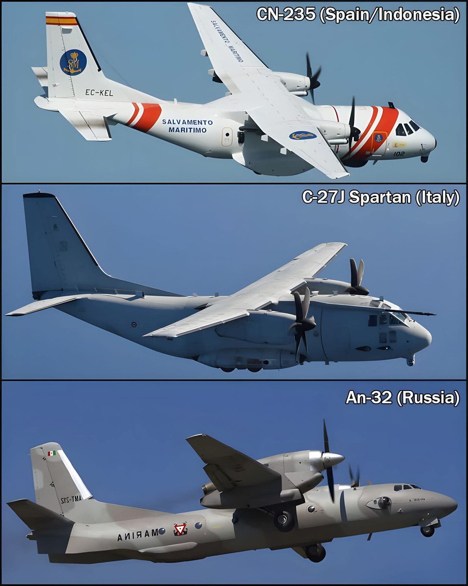 airmainengineer's tweet image. Three impressive military transport aircraft:
✈The CN-235 (Spain/Indonesia) – a versatile tactical transport.
✈The C-27J Spartan (Italy) – renowned for its ruggedness and short take-off/landing capabilities.
✈The An-32 (Russia) – a robust and high-performance turboprop.…