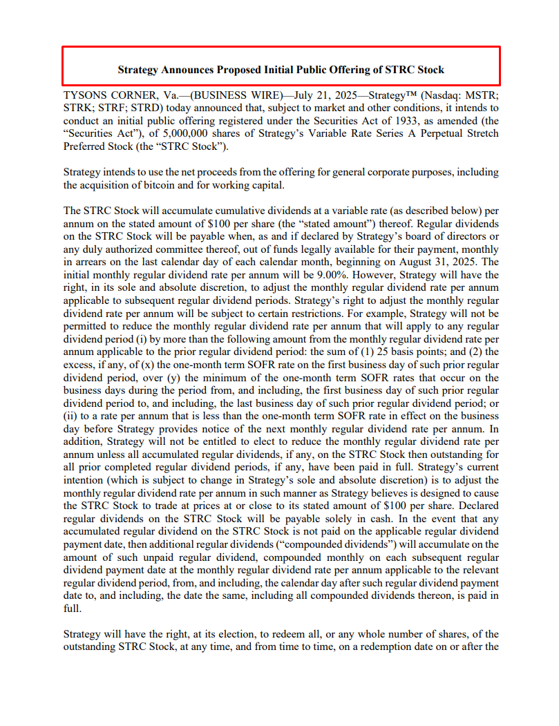 CryptoCoinShow's tweet image. ⚡️BIG: Strategy has announced plans to offer 5 million shares of STRC Stock in an IPO.
Proceeds will be used for general corporate purposes and to buy bitcoin by @MicroStrategy (Nasdaq: $MSTR; $STRK; $STRF; $STRD)
$STRC Stock will pay monthly cash dividends starting at an…