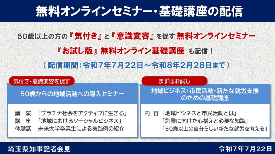 pref_saitama's tweet image. 【埼玉未来大学 スマホで学べる地域社会活動】
埼玉未来大学では、50歳以上の方を対象に、いつでも、どこでも学習可能なオンラインコースを開設します。
🔹期間:前期課程10~11月、後期課程12~1月
🔹定員:各コース25名(全3コース)
🔹申込み:7/22受付開始
皆様のお申込みをお待ちしています。