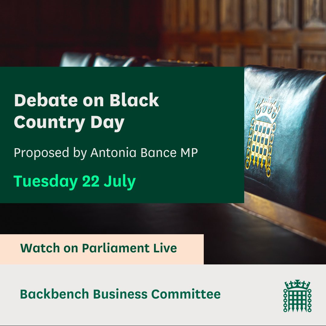 CommonsBBCom's tweet image. In Westminster Hall, MPs are holding a debate on Black Country Day, put forward by @antoniabance
📚Read the @commonslibrary debate pack: commonslibrary.parliament.uk/research-brief…
📺Watch on Parliament live: parliamentlive.tv/Event/Index/3c…