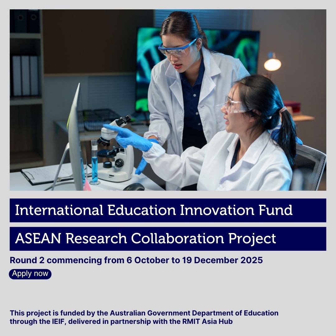 AusAmbASEAN's tweet image. Are you an Early Career Researcher in @ASEAN looking to collaborate with a leading Australian research institute?

Apply for Round 2 of the ASEAN Research Collaboration Project, supported by @AusGovEducation.

Click rmit.edu.au/ieif-asean

@AusGovEducation @RMIT