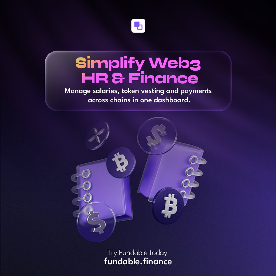 FundableHQ's tweet image. Managing payroll in Web3 shouldn't feel like solving a riddle
@FundableHQ, you can handle salaries, automate token vesting, and make cross-chain payments from one clean dashboard. It's built to take the pressure off founders, HR leads, and finance teams trying to stay on top of…
