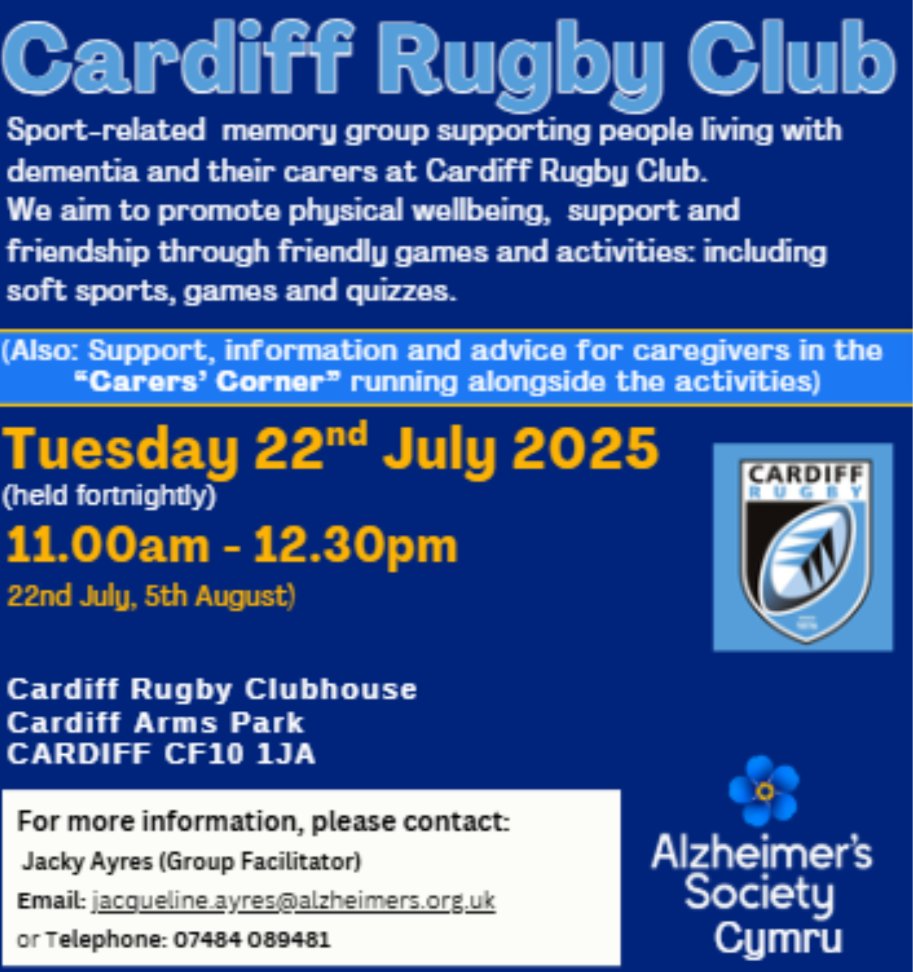 <a href="/AlzSocCymru/">Alzheimer's Society Cymru</a> Sports &amp; Memory Cafe at <a href="/Cardiff_Rugby/">Cardiff Rugby</a> today at 11am.