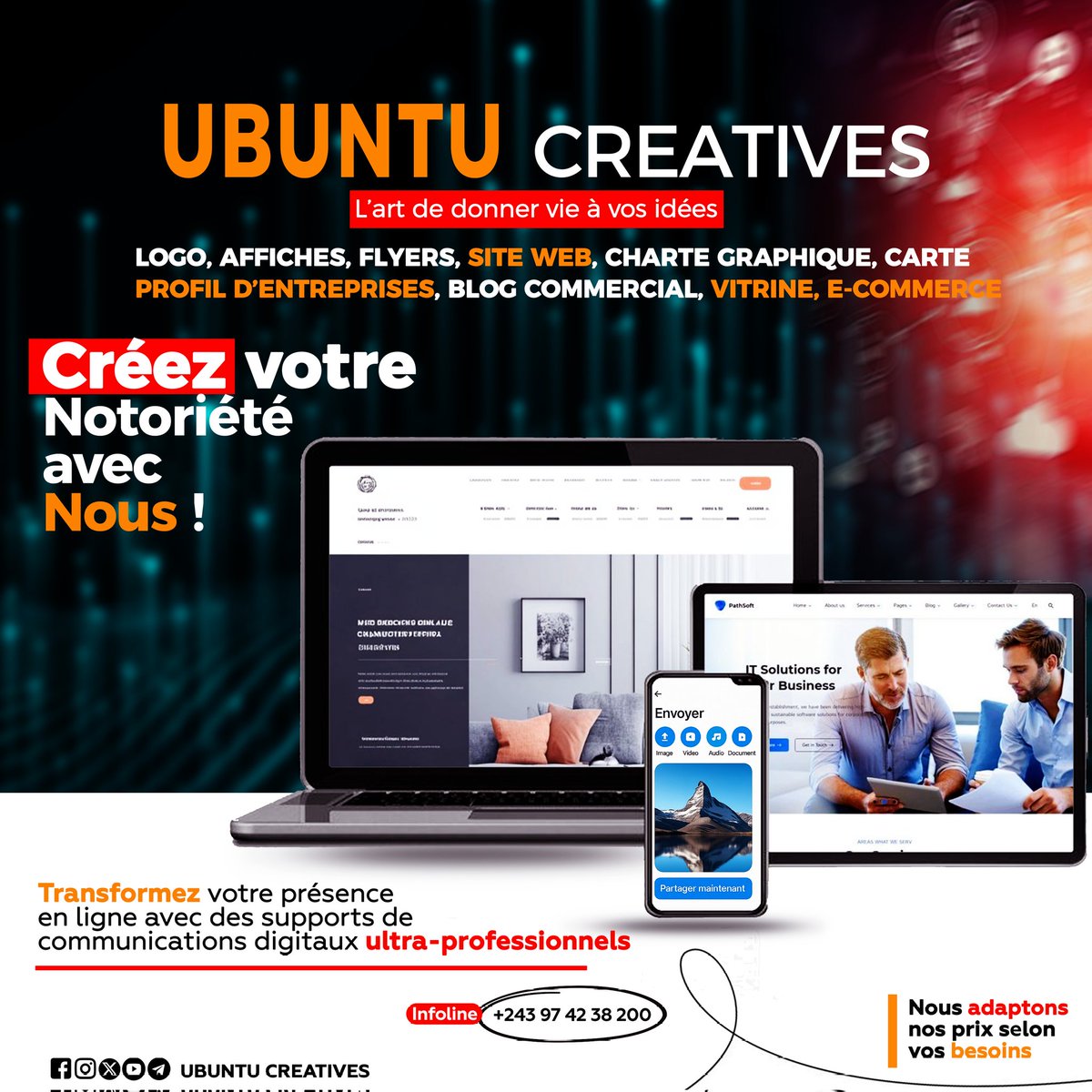 Gaston Patrick 🇨🇩🇩🇪 (@gastonpatrick16) on Twitter photo Boostez votre image avec Ubuntu Creatives !
Création, innovation et impact au service de votre marque.
Faites confiance à l’excellence. #Marketing #Design #UbuntuCreatives
<a href="/KamitugaSpace/">Kamituga Space Asbl</a> <a href="/JeffMwenyemali/">Jeff Mwenyemali🇨🇩🇧🇪</a> <a href="/IshukweKilong/">Crispin Kilong 🇨🇩</a> Boostez votre image avec Ubuntu Creatives !
Création, innovation et impact au service de votre marque.
Faites confiance à l’excellence. #Marketing #Design #UbuntuCreatives
<a href="/KamitugaSpace/">Kamituga Space Asbl</a> <a href="/JeffMwenyemali/">Jeff Mwenyemali🇨🇩🇧🇪</a> <a href="/IshukweKilong/">Crispin Kilong 🇨🇩</a>