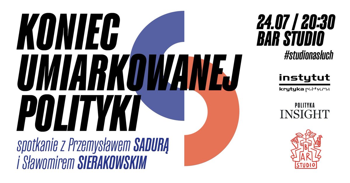 Polityka Insight (@politykainsight) on Twitter photo Specjalna edycja #studionasłuch x <a href="/krytyka/">Krytyka Polityczna 💙💛</a>: dyskusja o raporcie „Nowy duopol obali ten system” Sadury i Sierakowskiego, opublikowanym przez Instytut Krytyki Politycznej. 24 lipca 2025 r. o godz. 20:30 w warszawskim barze Studio. Rozmowę poprowadzi <a href="/andrzejbobinski/">Andrzej Bobinski</a>. Zapraszamy! Specjalna edycja #studionasłuch x <a href="/krytyka/">Krytyka Polityczna 💙💛</a>: dyskusja o raporcie „Nowy duopol obali ten system” Sadury i Sierakowskiego, opublikowanym przez Instytut Krytyki Politycznej. 24 lipca 2025 r. o godz. 20:30 w warszawskim barze Studio. Rozmowę poprowadzi <a href="/andrzejbobinski/">Andrzej Bobinski</a>. Zapraszamy!
