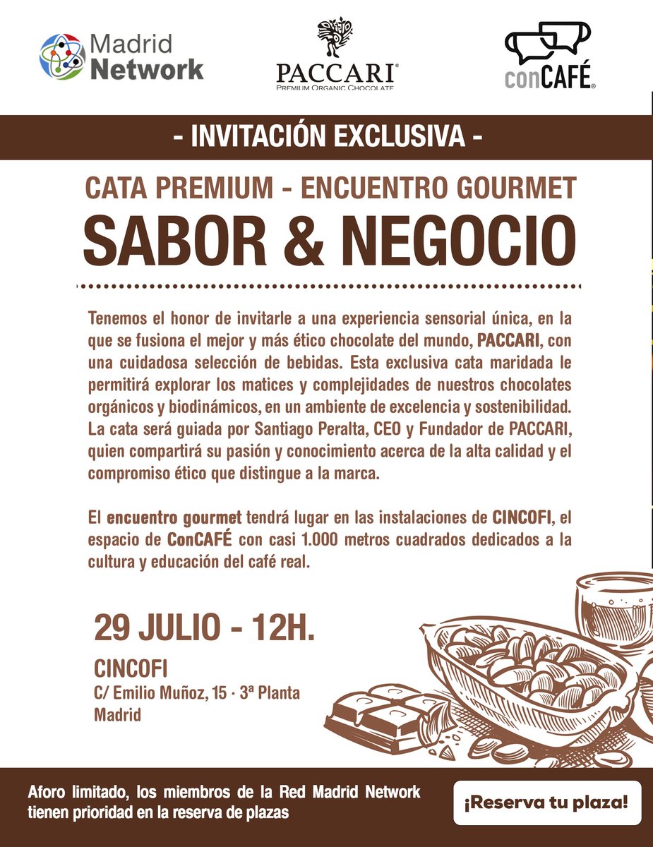 Gema Sanz Sanz (@gemasanzs) on Twitter photo ¡El calor no nos detiene! <a href="/MadridNetwork/">Madrid Network</a> te invita a disfrutar de una Cata Premium de chocolate🍫 con <a href="/PaccariEc/">Paccari Chocolate</a>. Santiago Peralta (CEO de #Paccari) te guía en esta experiencia única
🗓️29/7 a las 12h en #CINCOFI el espacio #ConCafe
Plazas limitadas.
#innovacion #Networking ¡El calor no nos detiene! <a href="/MadridNetwork/">Madrid Network</a> te invita a disfrutar de una Cata Premium de chocolate🍫 con <a href="/PaccariEc/">Paccari Chocolate</a>. Santiago Peralta (CEO de #Paccari) te guía en esta experiencia única
🗓️29/7 a las 12h en #CINCOFI el espacio #ConCafe
Plazas limitadas.
#innovacion #Networking