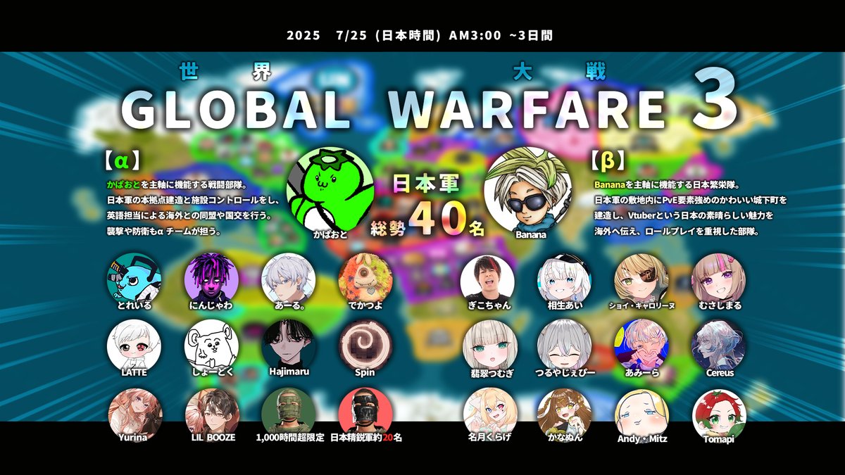 【告知】
RUST公式イベント世界大戦 -Global Warfare 3-
が7/25 AM3:00~開催。
核燃料を巡り、登録者 数100万人超えの錚々たる世界規模のRUSTストリーマーの渦の中へ…我々日本軍が今年も参ります。

なんと総勢40名規模！

GW3イベント中は限定Twitch Dropsもあるので是非。
#Rust #Globalwarfare3