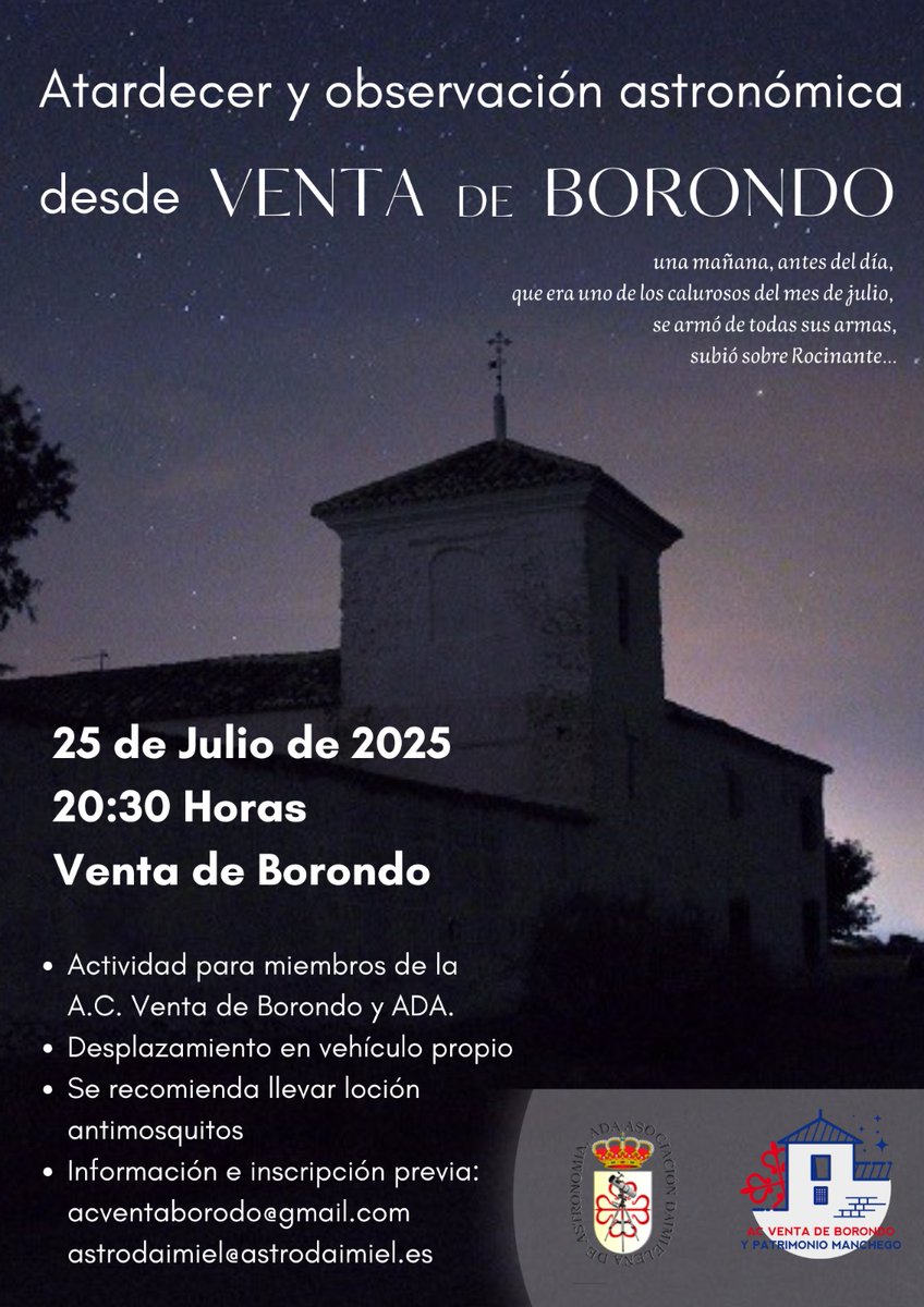 ¡Este verano pásalo bajo las estrellas ✨✨🔭!

El próximo 25 de Julio te esperamos en la Venta de Borondo para una noche de lo más cultural junto a los miembros de la asociación A.C. Venta de Borondo 👍🏻💪🏻

¡No faltes!