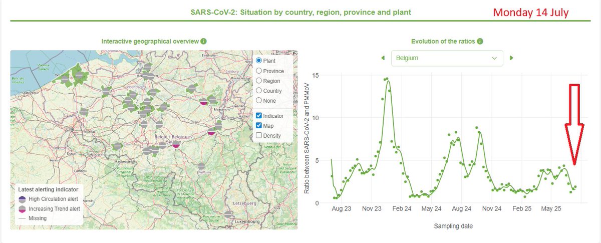 HarrySpoelstra's tweet image. SarsCoV2 WASTEWATER update for Belgium: July 22nd ( release date: July 14, 2025).
🔥Discrete new SARS-CoV-2 detection INCREASES across Belgium's regions yet again(National picture)!
➡️Several individual stations are demonstrating clear and significant increases(dropdown menu).😷…