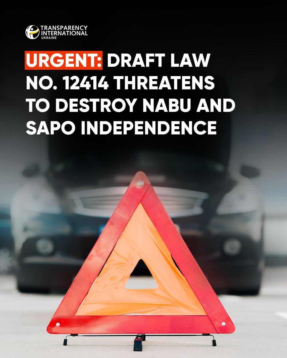 TransparencyUA's tweet image. ‼️Urgent! MPs will now consider critical amendments to draft law #12414, which would destroy independence of #NABU & #SAPO.
❗️We call on MPs to reject these legislative changes & protect the reform that we worked to achieve since 2014.
See more👉bit.ly/4kNvHsD