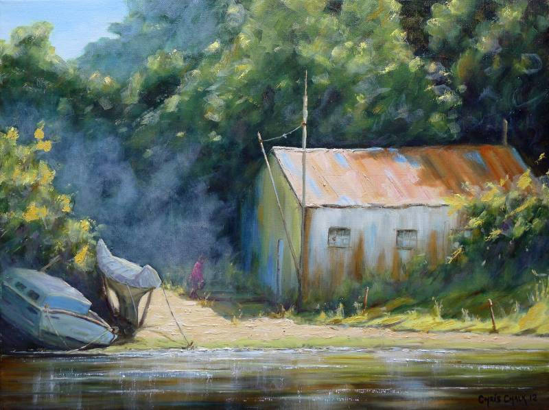 chrischalkart's tweet image. 'The Old Boat House', 24x18inch, oil. Old tin sheds have a certain appeal. I enjoy painting them. This one was at Caernarfon, North Wales, not far from the castle. I've no idea what was in it, or what it was really used for, the figure wasn't there in reality.