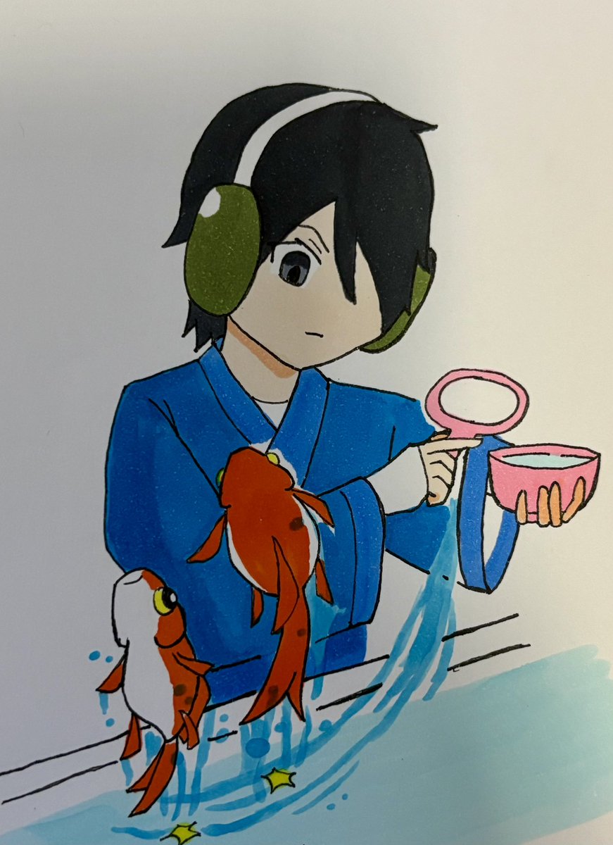 Shikinoart's tweet image. 金魚すくい
Goldfish scooping.
＃イラスト 
＃夏の創作クラスタフォロー祭り