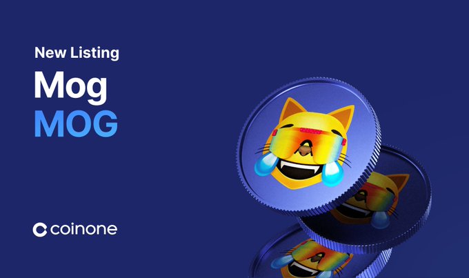 Mog Coin (MOG) new listing on Coinone Exchange featuring a cat emoji on coins