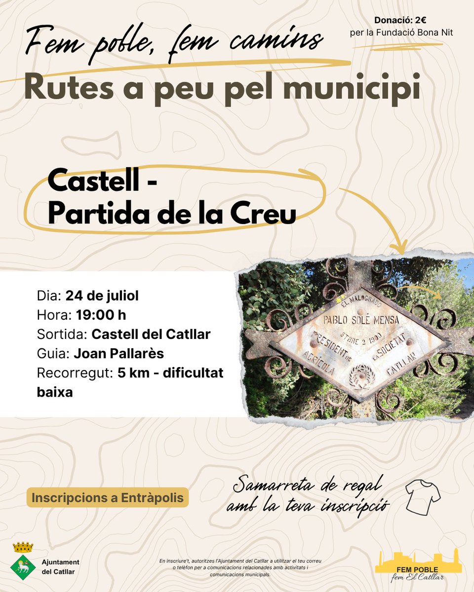 ACTIVITATS | 🟢 Vols descobrir racons del Catllar i col·laborar amb una bona causa? 

🗓️ Dijous 24/07, 19 h des del Castell del Catllar. Ens acompanyarà el guia Joan Pallarès 
💛 Donació de 2 € per la Fundació Bona Nit
👕 Samarreta de regal!

🔗 entrapolis.com/entradas/rutes…