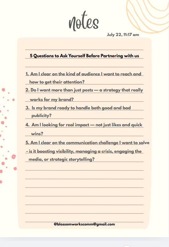 Blossomworks's tweet image. Thinking of working with a PR &amp;amp; Communications partner?

 Start with the right questions; strategy, story, results — and the right partner will follow.

At BlossomWorks, we’re ready when you are.
#BlossomWorks #PRThatWorks #YourStoryOurStrategy