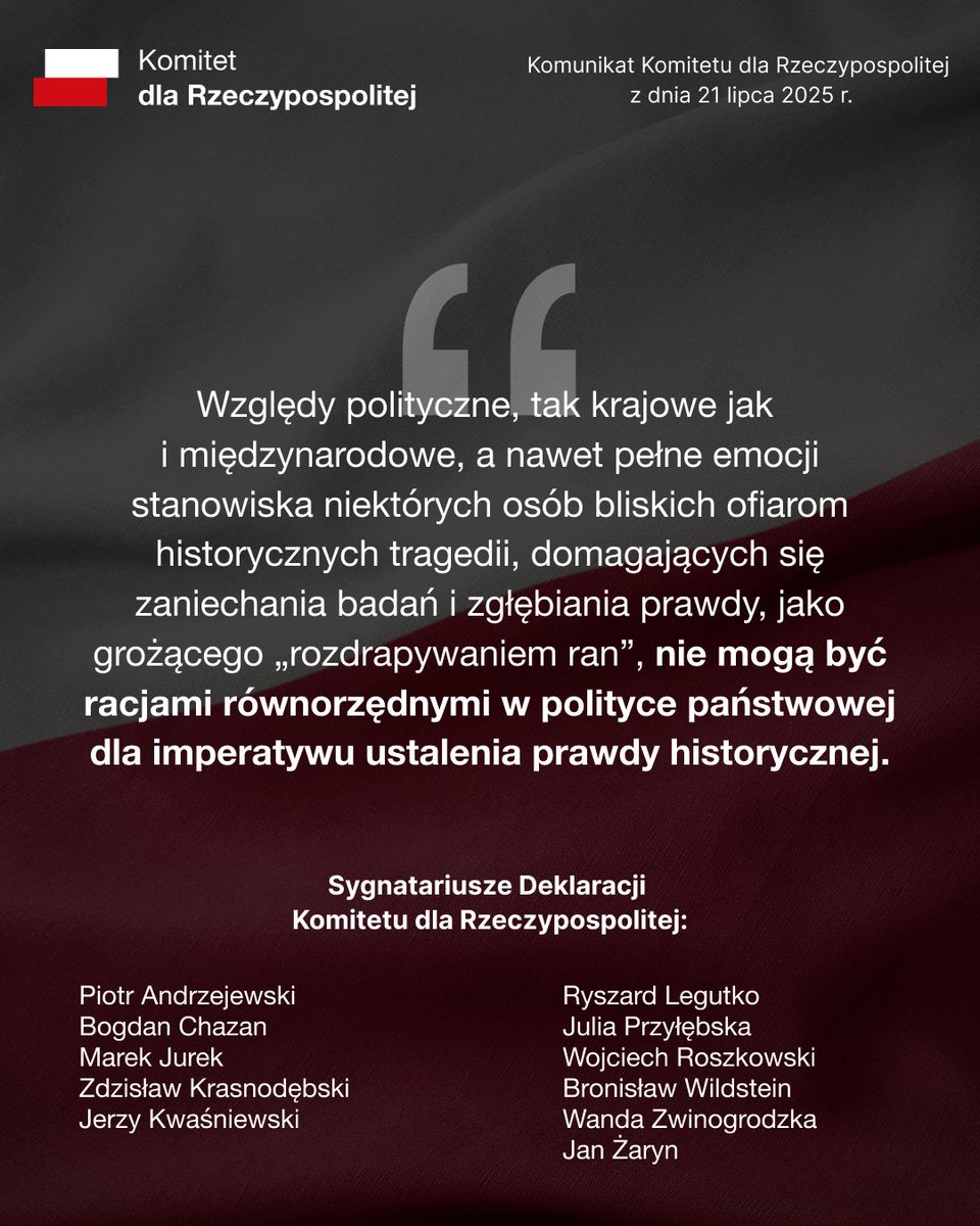 OrdoIuris's tweet image. Wołyń, Jedwabne, komunistyczne zbrodnie – ustalenie prawdy historycznej jest zawsze polską racją stanu 🇵🇱
Zapoznaj się z komunikatem Komitetu dla Rzeczypospolitej z dnia 21 lipca 2025: ordoiuris.pl/informacje-pra…
W skład Komitetu wchodzą:
Piotr Andrzejewski
Prof. Bogdan Chazan…