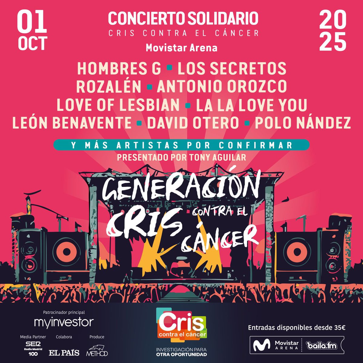 Tony Aguilar (@tonyaguilarofi) on Twitter photo Siguen a muy buen ritmo las entradas para el concierto GENERACIÓN CRIS CONTRA EL CÁNCER <a href="/criscancer/">CRIS contra el cáncer</a> del próximo 1 de octubre en <a href="/MovistarArenaEs/">Movistar Arena España</a>.
Disponibles en baila.fm/eventos/concie… Siguen a muy buen ritmo las entradas para el concierto GENERACIÓN CRIS CONTRA EL CÁNCER <a href="/criscancer/">CRIS contra el cáncer</a> del próximo 1 de octubre en <a href="/MovistarArenaEs/">Movistar Arena España</a>.
Disponibles en baila.fm/eventos/concie…